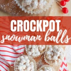 A wooden board features round, white powdered treats known as Crockpot Snowman Balls nestled in paper liners. Nearby, a few red berry decorations add a festive touch. The background is adorned with a red and white chevron-patterned cloth, enhancing the holiday charm.