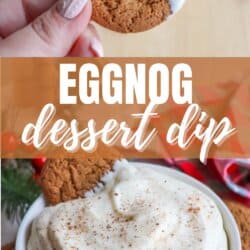 A hand holding a ginger cookie partially dipped in creamy dessert dip. Below, a bowl of eggnog dessert dip sprinkled with nutmeg, surrounded by more cookies. Text overlay reads Eggnog dessert dip with the website homemadeheather.com at the bottom.