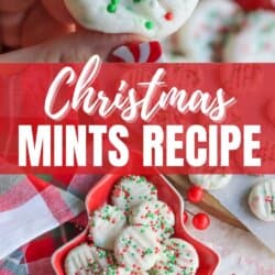 A close-up of a hand holding a Christmas mint with red and green sprinkles, and a festive tray filled with more of the mints below. The text reads Christmas Mints Recipe.