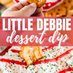 A hand holds a pretzel dipped in a white cream topped with red drizzle and green sprinkles. Below, text reads Little Debbie dessert dip on a pink band with homemadeheather.com at the bottom. The dip is in a red dish surrounded by more pretzels.