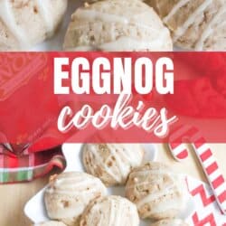 A plate of eggnog cookies drizzled with icing is displayed. The image features a red banner with the text EGGNOG cookies and a website URL at the bottom. A red and white striped pattern is to the side.