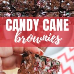 Close-up of candy cane brownies with a cracked crust and colorful candy bits on top. A hand holds a brownie piece. Text reads Candy Cane Brownies with a website link at the bottom. Red and white chevron-patterned background.