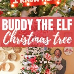 A festive Christmas tree decorated with lights, red ribbons, and a sign reading Santa, I know him! The themed display is inspired by Buddy the Elf and is accompanied by holiday decorations in a cozy room.