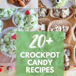 Collage of crockpot candy recipes, including chocolate clusters topped with caramel and nuts, monster-themed treats with candy eyes, marshmallow clusters, and chocolate candies with sprinkles. Text overlay: 20+ Crockpot Candy Recipes from homemadeheather.com.