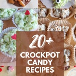 A collage of various crockpot candy recipes, including chocolate and peanut clusters, colorful monster candies with googly eyes, cupcake liners with treats, and candies topped with sprinkles. Text overlay reads 20+ Crockpot Candy Recipes at the center.