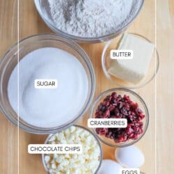 Top-down view of ingredients on a wooden surface: a bowl of flour, a dish of butter, a bowl of sugar, chocolate chips, dried cranberries, and two eggs. Each ingredient is labeled.