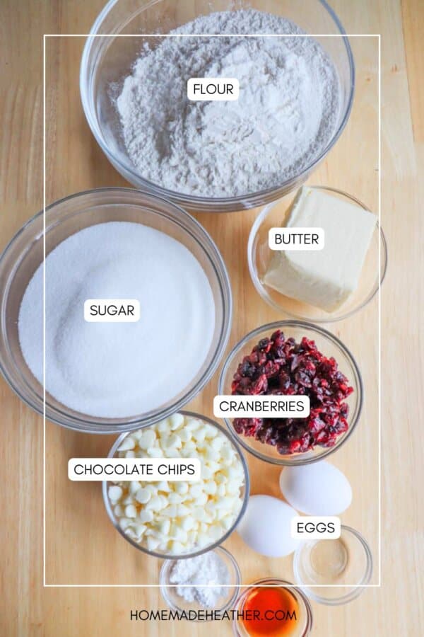 Top-down view of ingredients on a wooden surface: a bowl of flour, a dish of butter, a bowl of sugar, chocolate chips, dried cranberries, and two eggs. Each ingredient is labeled.