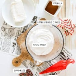A top-down view of dessert ingredients on a table. Includes a plate with cream cheese, vanilla, Little Debbie cakes, a bowl of Cool Whip, sprinkles, and icing. A spatula and a newspaper-lined surface complete the setup.