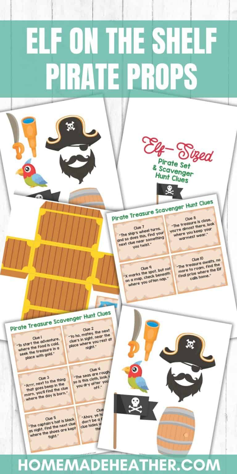 Pirate-themed Elf on the Shelf printables, featuring a pirate hat, barrel, sword, eye patch, and flag, along with scavenger hunt clue cards. Text reads Elf on the Shelf Pirate Props and Elf-Sized Pirate Set & Scavenger Hunt Clues.