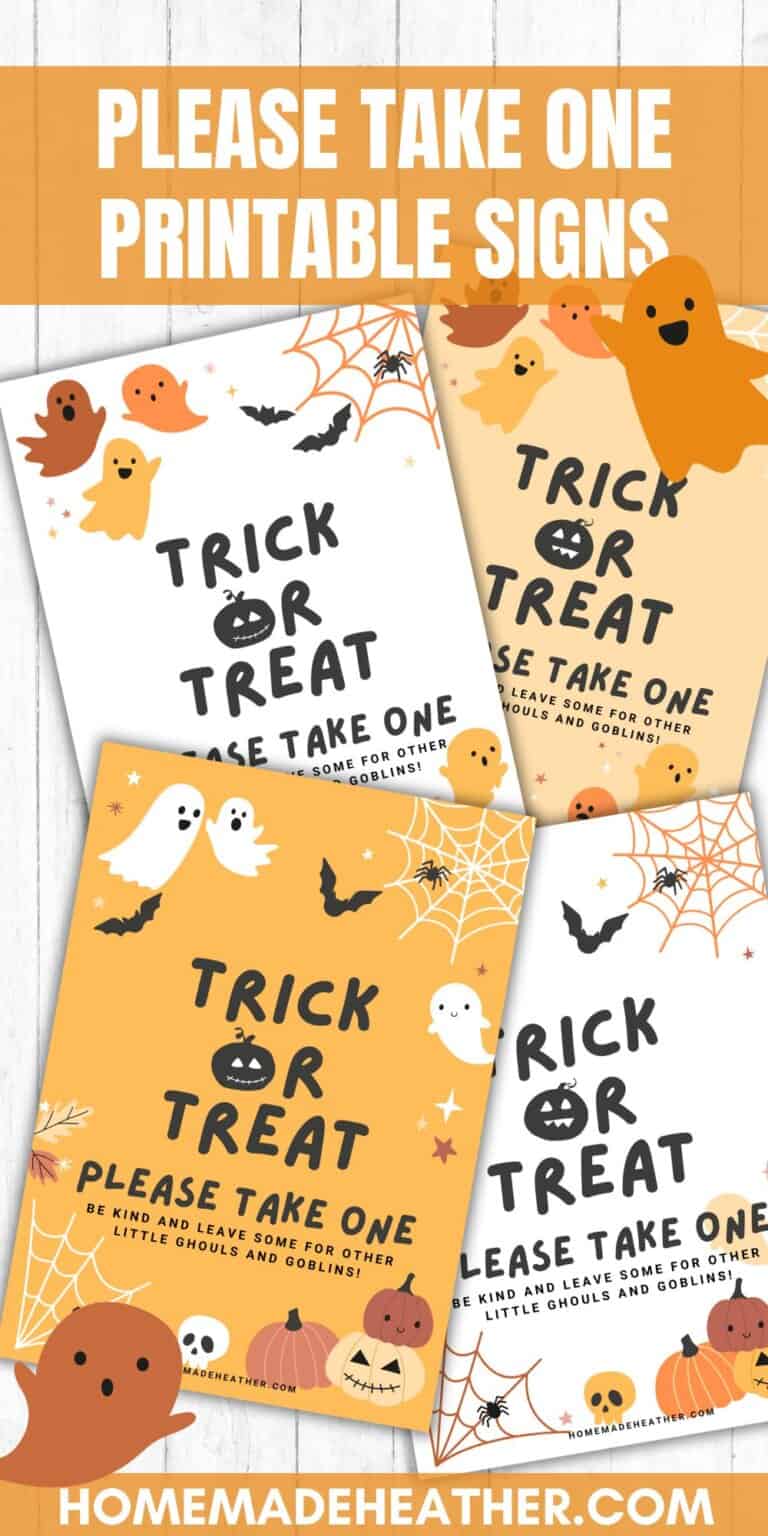 A set of four Please Take One Halloween printable signs featuring cute ghosts, bats, and pumpkins. Each sign reads Trick or Treat, Please Take One with vibrant autumn-themed colors and decorations, perfect for adding a festive touch to your Halloween celebration.