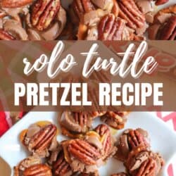 A plate filled with Rolo turtle pretzels, topped with pecans and caramel. The text reads, Rolo Turtle Pretzel Recipe and homemadeheather.com.