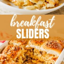 A dish of breakfast sliders with scrambled eggs and sausage on sesame seed-topped buns. Nearby, a close-up shows a slider being lifted with a fork. Text overlay reads Breakfast Sliders and homemadeheather.com.