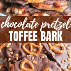 Close-up of chocolate pretzel toffee bark with layers of pretzels and toffee covered in chocolate. Text overlay reads Chocolate Pretzel Toffee Bark with a website address at the bottom.