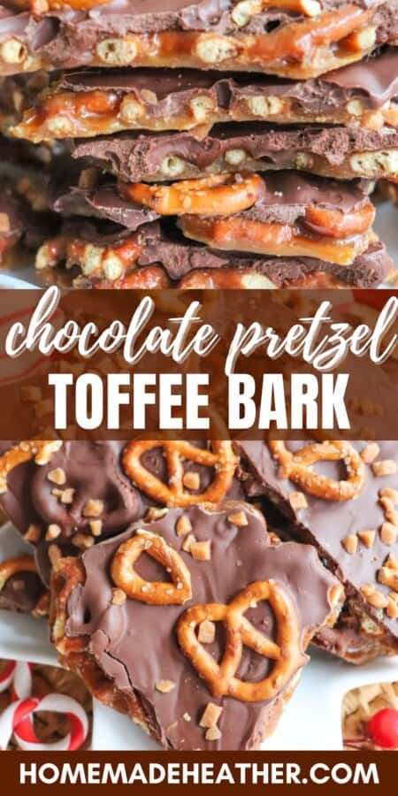 Close-up of chocolate pretzel toffee bark with layers of pretzels and toffee covered in chocolate. Text overlay reads Chocolate Pretzel Toffee Bark with a website address at the bottom.