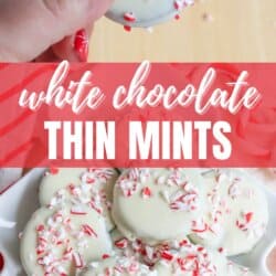 White chocolate thin mints topped with crushed peppermint candies are displayed. A hand holds one cookie above a plate filled with more cookies. The text "thin mint cookie recipe" and homemadeheather.com is visible.