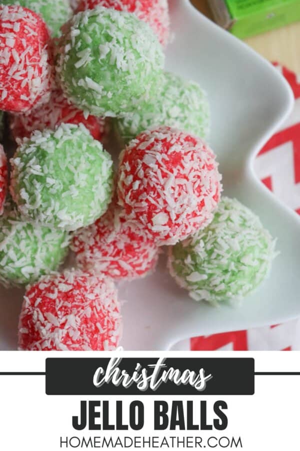 A plate of festive red and green Christmas jello balls, reminiscent of a thin mint cookie recipe, are coated with shredded coconut.