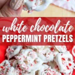 A hand holding a white chocolate peppermint pretzel with a bowl of more pretzels in the background. The pretzels are coated in white chocolate and topped with crushed peppermint. Text overlay reads white chocolate peppermint pretzels.