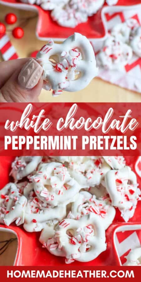 A hand holding a white chocolate peppermint pretzel with a bowl of more pretzels in the background. The pretzels are coated in white chocolate and topped with crushed peppermint. Text overlay reads white chocolate peppermint pretzels.