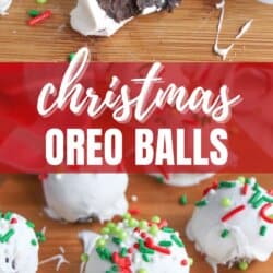Christmas Oreo balls covered in white icing and topped with red, green, and white sprinkles are displayed on a wooden surface. One Oreo ball is bitten to show the dark chocolate interior. Text overlay reads Christmas Oreo Balls.