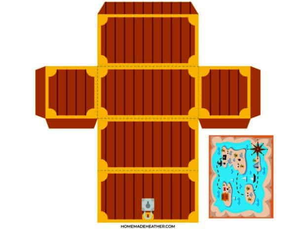 Template for a DIY pirate treasure chest with a wood grain pattern and gold trim, shown unfolded. Accompanied by a detailed treasure map with an island, ships, and compass.