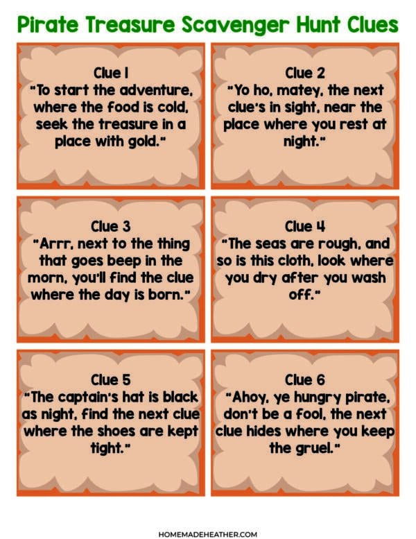 A visual of six pirate-themed scavenger hunt clues, each in a decorative brown box. The clues give hints about finding treasure in various locations around a home. The text is playful and uses pirate lingo.