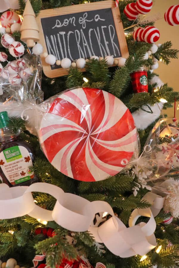 chewbacca christmas tree A Christmas tree decorated with a peppermint swirl plate, a paper chain, and holiday-themed items. A small chalkboard sign reads Son of a Nutcracker. Candy canes and pine cones are nestled among the branches.