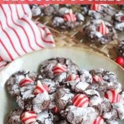 A plate of chocolate cookies crowned with candy cane brownie blossom kisses, gently dusted with powdered sugar. A red and white striped cloth peeks from the background. Text reads, Candy Cane Blossom Cookies. Homemade Heather.
