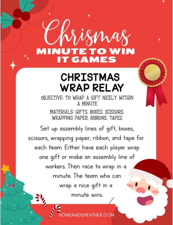 beach activity set Dive into the Christmas Wrap Relay, a lively Christmas-themed game inspired by Minute to Win It game ideas. With festive illustrations featuring Santa, a Christmas tree, and a ribbon, players race to wrap gifts swiftly. Clear instructions cover the objective, materials, and setup for holiday fun.