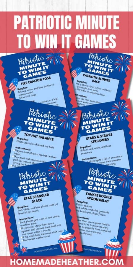 A festive collection of Patriotic Minute to Win It Games cards featuring a red and blue fireworks design. Perfect for any celebration, these games include Fire Cracker Toss, Top Hat Balance, and Patriotic Blower Race. Each card details supplies and instructions, adding some Christmas cheer to the mix!.
