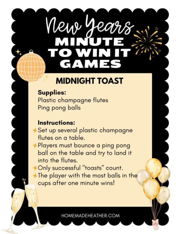 A New Years themed Minute to Win It game poster titled Midnight Toast. It lists supplies (plastic champagne flutes and ping pong balls) and instructions for playing. The design features festive graphics like balloons and fireworks.