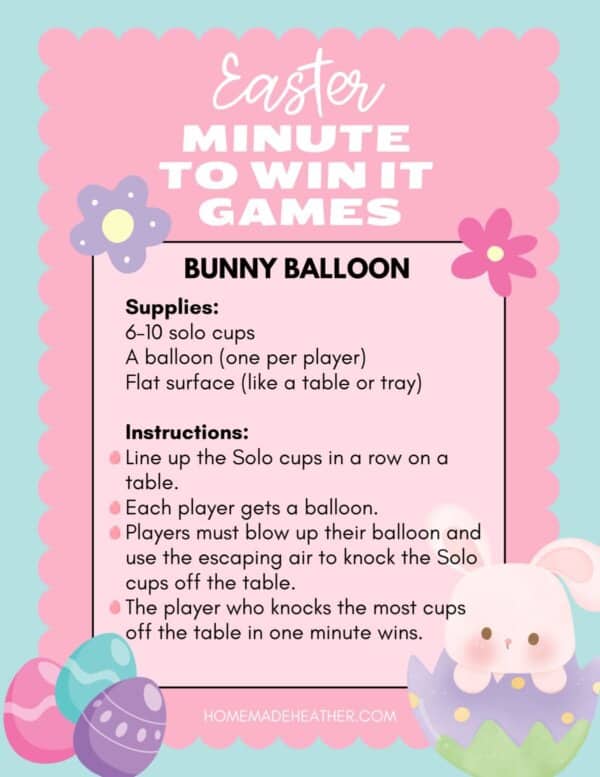 Easter Minute to Win It Games: Bunny Balloon—Enjoy vibrant game instructions surrounded by charming illustrations of flowers, eggs, and a playful bunny. Discover the supplies needed and follow the steps for endless festive fun!.