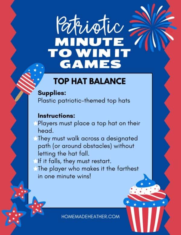 Patriotic-themed game instructions for Top Hat Balance. Players balance a plastic top hat while walking. Features festive graphics: stars, fireworks, an ice cream cone, and a rocket pop. Background is blue and red with white text.