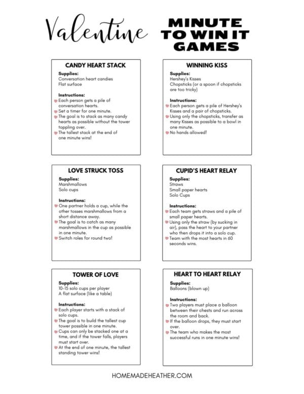 A Valentines themed game sheet titled Valentine Minute to Win It Games with six games: Candy Heart Stack, Winning Kiss, Love Struck Toss, Cupidโs Heart Relay, Tower of Love, and Heart Hat Relay. Each game includes supplies, instructions, and notes.