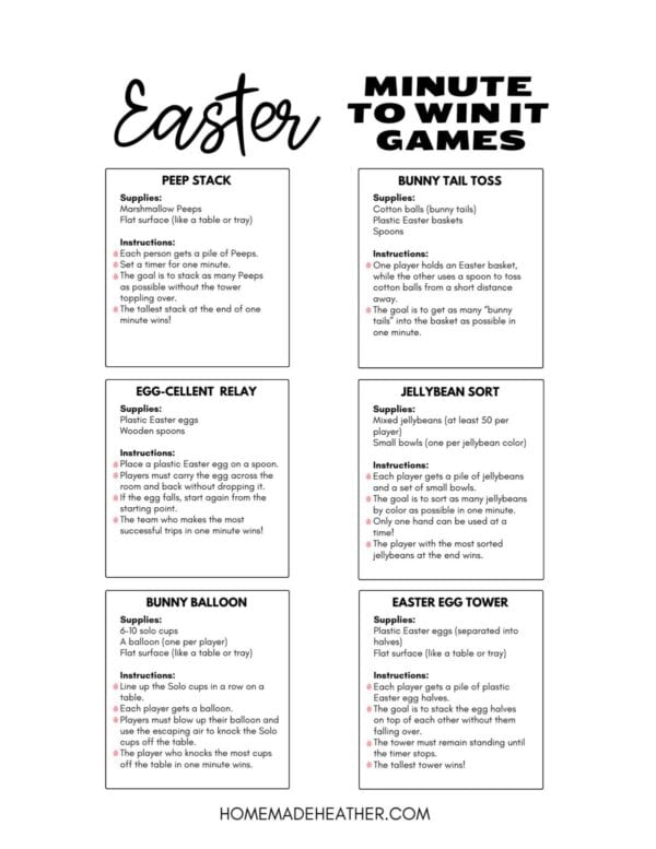 A fun Easter Minute to Win It games poster featuring six exciting activities: Peep Stack, Bunny Tail Toss, Egg-cellent Relay, Jellybean Sort, Bunny Balloon, and Easter Egg Tower. Each game offers a list of supplies needed and easy-to-follow instructions for a hopping good time!.