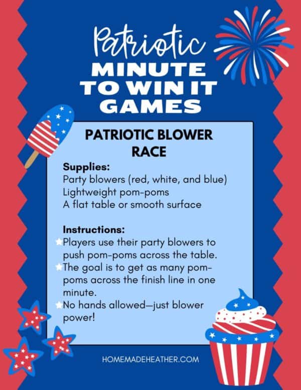 Patriotic-minute-to-win-it game flyer with blue border and fireworks. Instructions for Patriotic Blower Race using red, white, and blue party blowers, and pom-poms. Players push pom-poms across a table in one minute. Use blower power only.