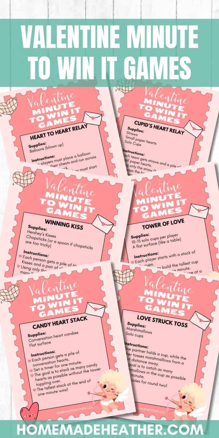 This collection of Valentines-themed Minute to Win It game cards features fun titles and instructions, including Heart to Heart, Cupid’s Heat Relay, and Love Struck Toss. Perfect for holiday festivities, they bring a playful twist reminiscent of Christmas Minute to Win It game ideas.