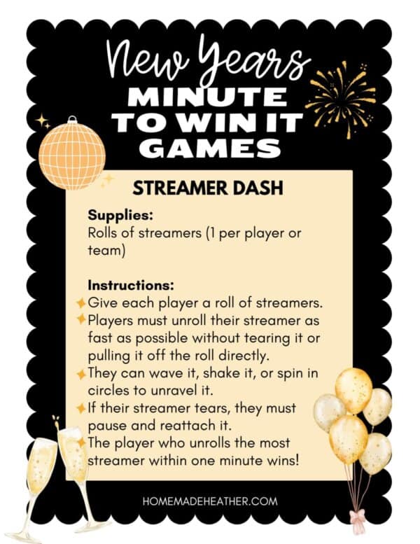 A festive poster titled New Years Minute to Win It Games: Streamer Dash. It lists supplies: rolls of streamers. Instructions involve unrolling streamers without tearing. The winner is the player with the most unrolled streamer in a minute.