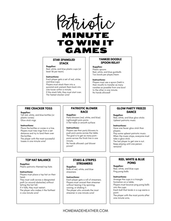 A printable sheet titled Patriotic Minute to Win It Games features seven game descriptions and instructions, including Star Spangled Stack and Yankee Doodle Spoon Relay. Each game lists required supplies and rules for play.