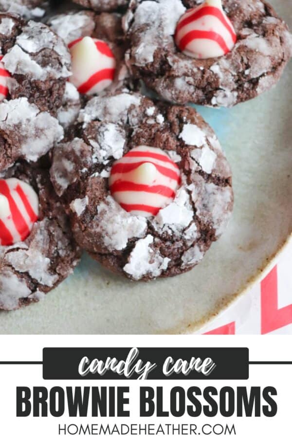 A delicious plate of candy cane brownie blossoms topped with red and white striped Hershey's Kisses, dusted with powdered sugar. Text below reads homemadeheather.com.