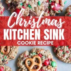 A baking sheet adorned with Christmas Kitchen Sink Cookies, featuring pretzels, red and green candies, and colorful sprinkles. Text overlay reads: Christmas Kitchen Sink Cookie Recipe. Discover this festive treat at homemadeheather.com.