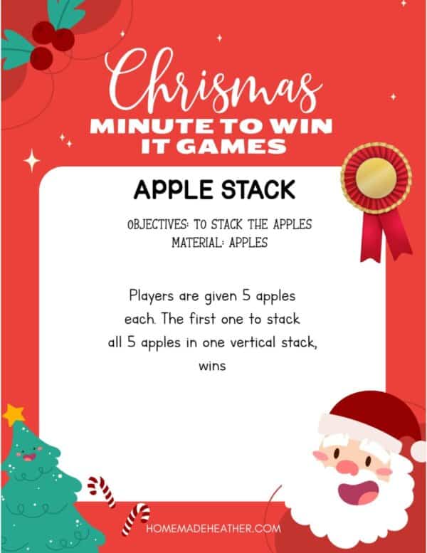 beach activity set Festive Apple Stack Christmas game instructions on a red and white background. In this fun Christmas Minute to Win It game, players stack 5 apples vertically to win. Includes a Santa illustration, Christmas tree, and ribbon decoration.