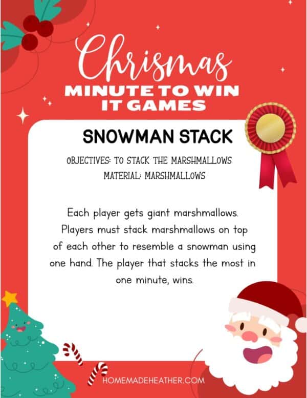 beach activity set Festive Christmas-themed game poster titled Snowman Stack, part of exciting Minute to Win It Game Ideas. It challenges players to stack marshmallows one-handed into a snowman, with the most stacks in a minute winning. Decorated with a tree, Santa, and a vibrant red background.
