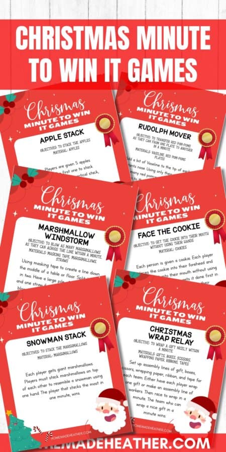 Collection of six red and white themed cards titled Christmas Minute to Win It Game Ideas on a wooden background. Each card describes a different game with charming illustrations of Christmas decorations like Santa hats and gifts.