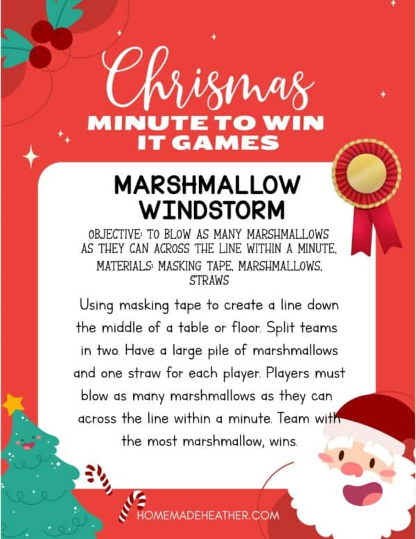 Festive Christmas-themed game card titled Marshmallow Windstorm. This delightful Minute to Win It challenge involves blowing marshmallows. Instructions detail game setup using masking tape and straws, all decorated with holiday elements like Santa and a Christmas tree.