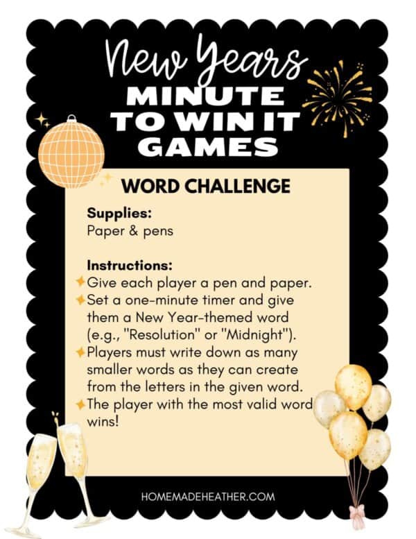 A New Years themed game instruction sheet titled Minute to Win It Games - Word Challenge. It includes fireworks and balloons illustrations. Supplies needed: paper and pens. Instructions are detailed for playing a word game using given words.