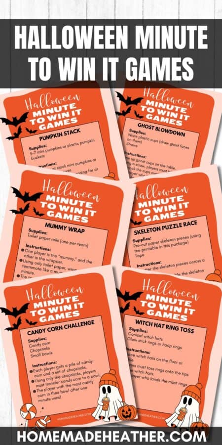 A collage of festive Minute to Win It game cards with Halloween illustrations featuring pumpkins, ghosts, and bats. Games include Pumpkin Stack, Mummy Wrap, and Witch Hat Ring Toss—perfect inspirations for those looking for Christmas Minute to Win It game ideas with a spooky twist.
