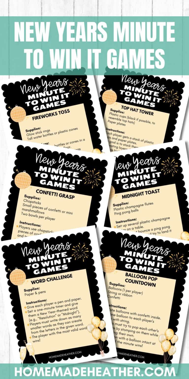 A set of New Years themed game cards titled Minute to Win It Games, perfect for your holiday gatherings. Games include Fireworks Toss, Confetti Grasp, and more. Each card lists supplies and instructions, making it an entertaining addition to your Christmas Minute to Win It Game Ideas.