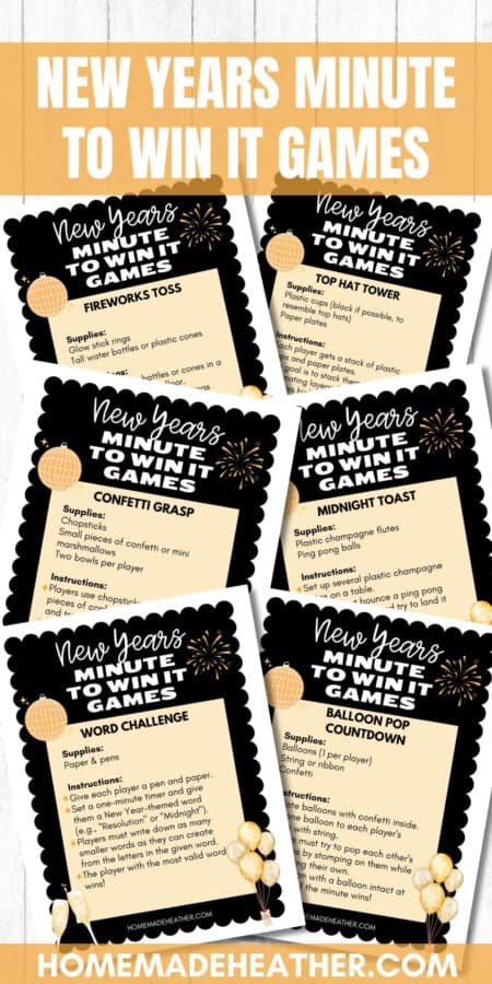 A collection of five New Years Minute to Win It Games cards, perfect for those seeking festive fun with a twist. Each card, in a black and gold theme, features different game instructions like Fireworks Toss and Balloon Pop Showdown. The wooden background adds charm. Text: homemadeheather.com.