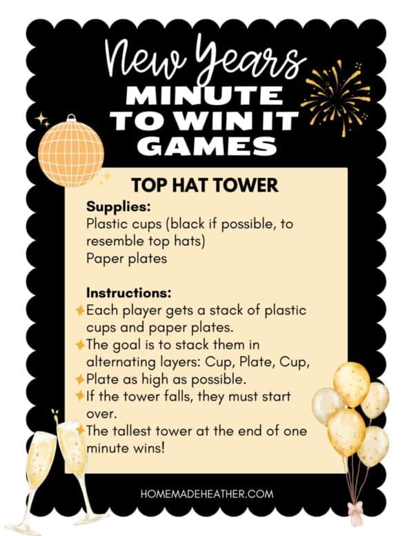 A decorative New Years themed poster titled Minute to Win It Games: Top Hat Tower. It lists supplies: paper and plastic cups. Instructions include stacking the cups and plates to make the tallest tower in one minute. Includes balloons and fireworks graphics.