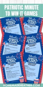 A colorful poster titled Patriotic Minute to Win It Games features five blue cards with fireworks and stars. Each card lists a different game, inspired by both patriotic activities and Christmas Minute to Win It Game Ideas, complete with instructions and supplies needed.